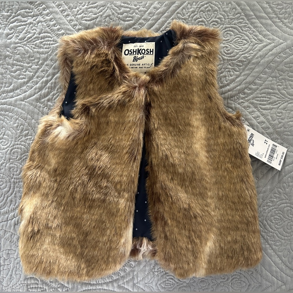 NWT OshKosh B’Gosh Brown Faux Fur Vest Toddler Girl 2T